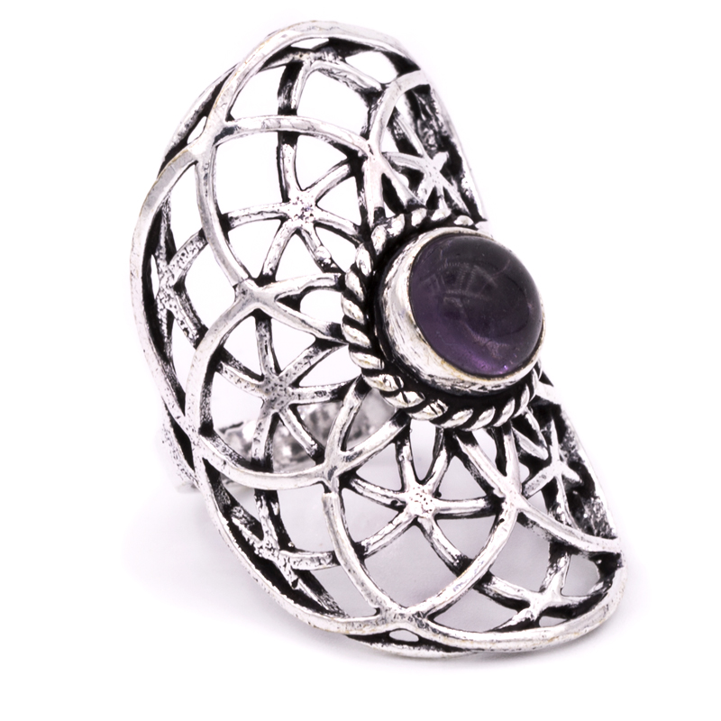 Ring Seed of Life with Amethyst Silver Colour (Ring size 19)