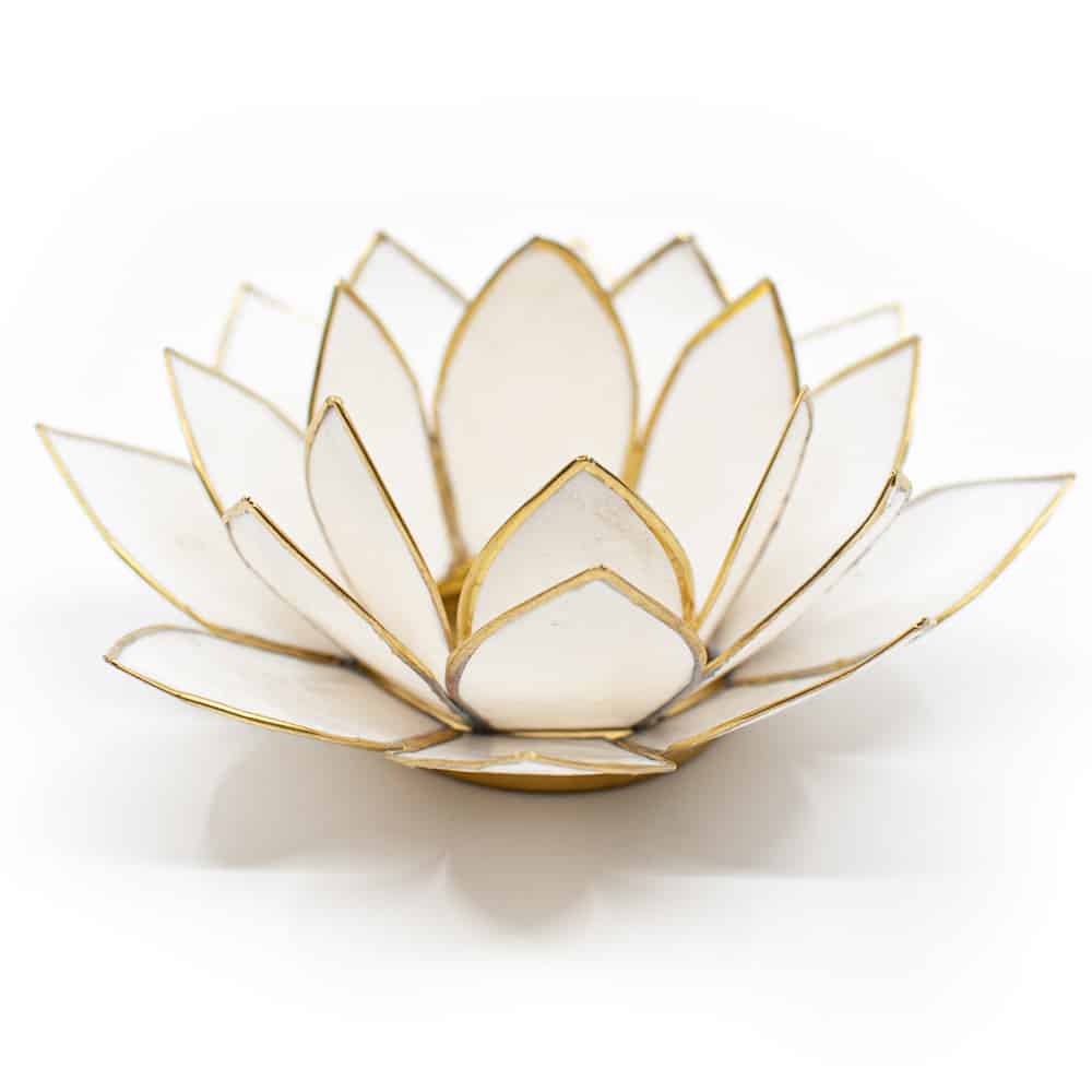 Blue & White with Gold Rim Lotus Flower 5th Chakra Shell Candle Holder & Candle 