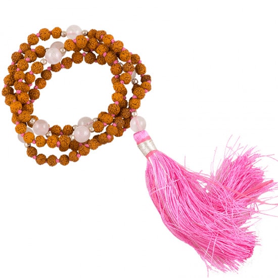 Mala Rudraksha and Rose Quartz with Pink Brush with Bag