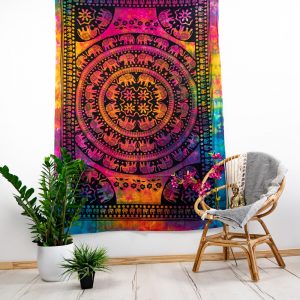 Tapestry Elephant Cotton Colourful Elephants in Circles Authentic (215 x 135 cm)