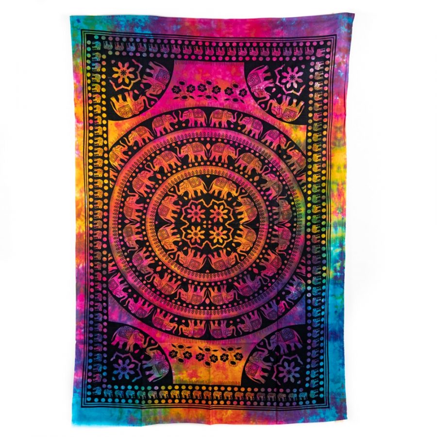 Tapestry Elephant Cotton Colourful Elephants in Circles Authentic (215 x 135 cm)