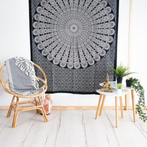 Tapestry Mandala Cotton Black/White Authentic (215 x 135 cm)