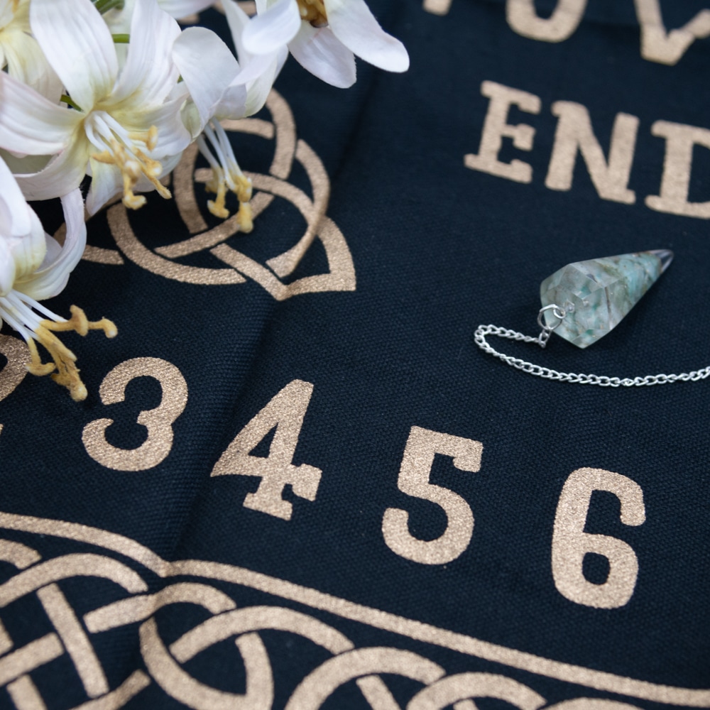 black pendulum map with gold letters and aquamarine pendulum (60 x 70 cm)