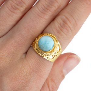 Gemstone Ring Larimar 925 Silver - Gold Plated 