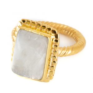 Gemstone Ring Rainbow Moonstone 925 Silver - Gold Plated "Kasasha" (Size 17)