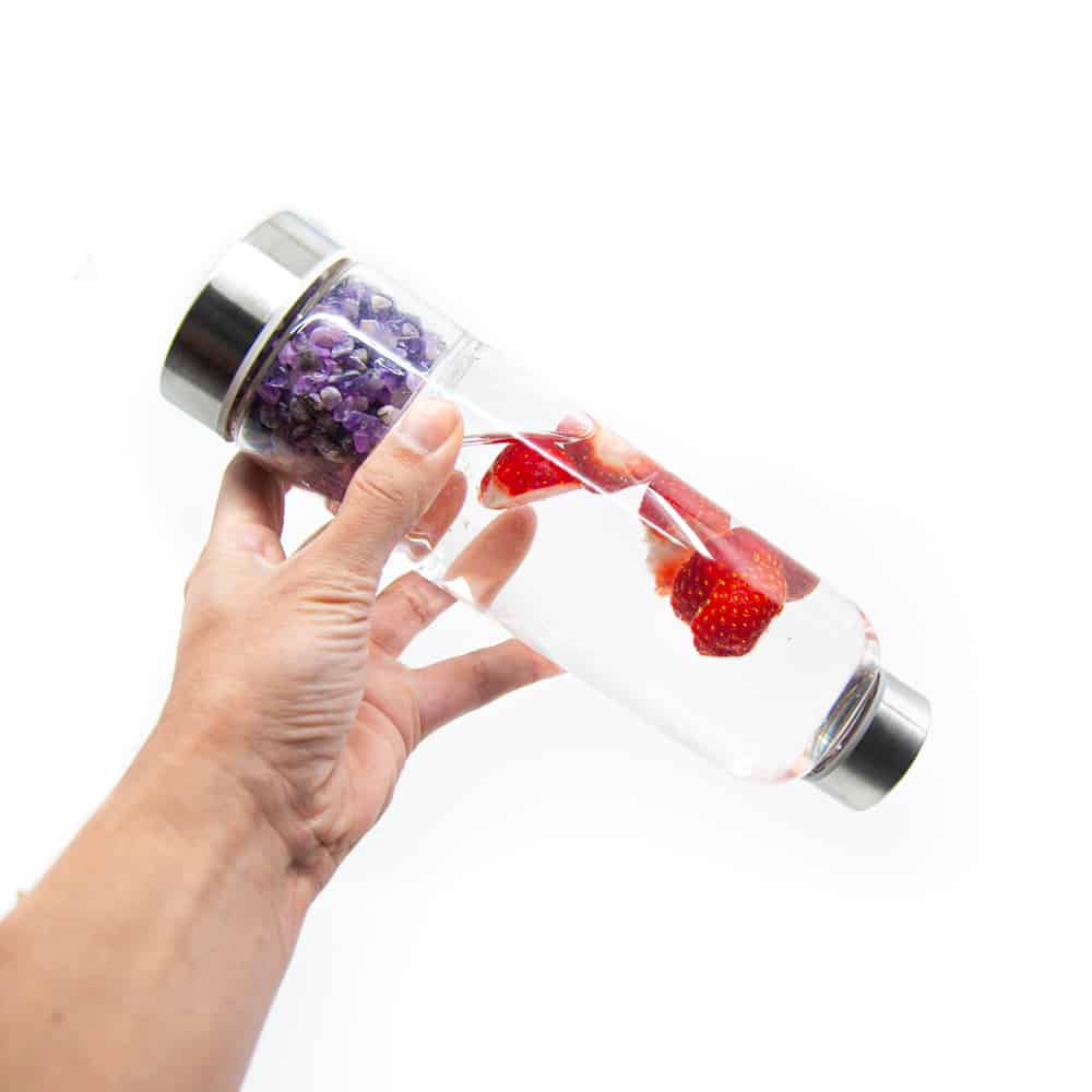 gemstone water bottle amethyst and strawberries