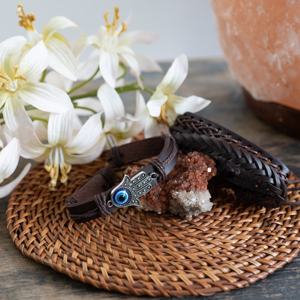 leather bracelet with hamsa hand and evil eye