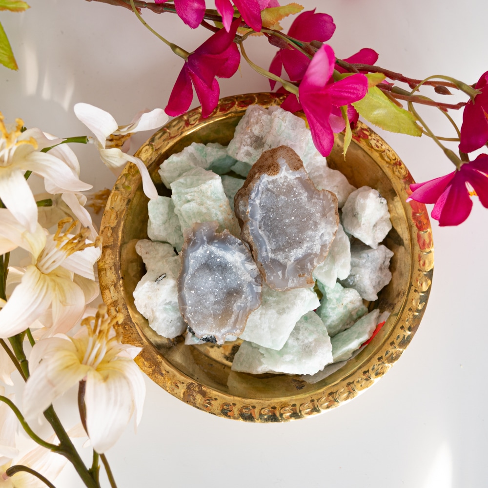 rock crystal geode in bowl