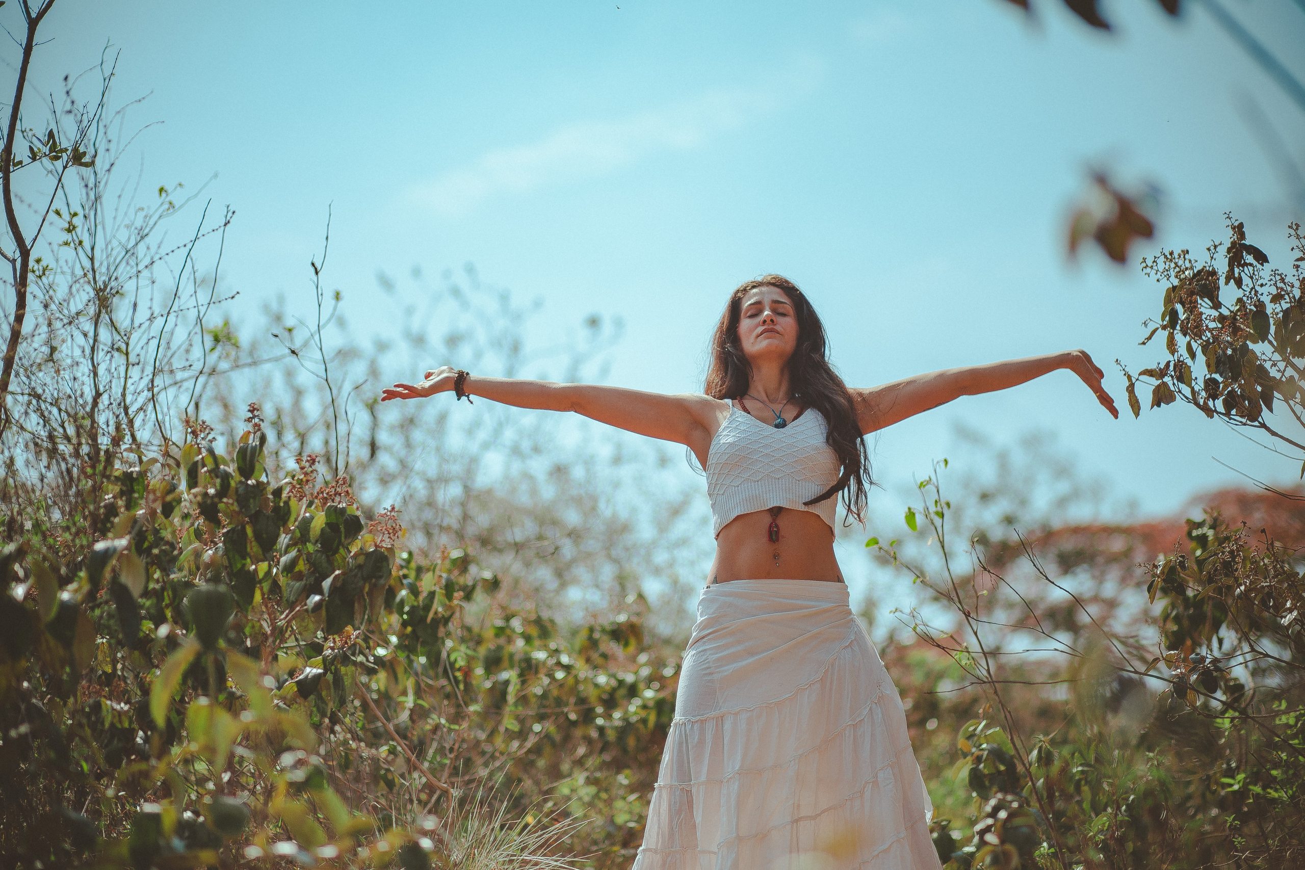 mountain pose outdoor meditation woman in white sunny