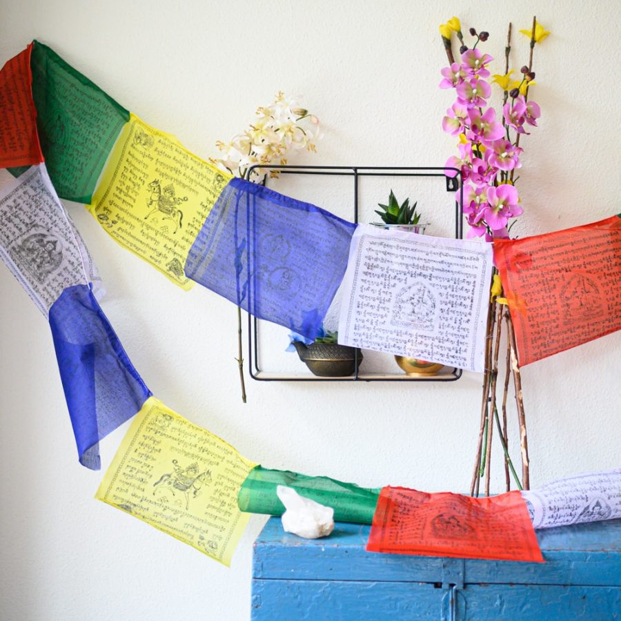 tibetan prayer flags hanging inside