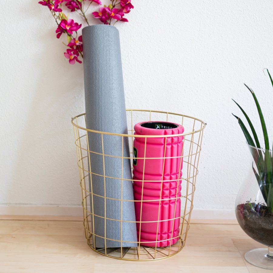 grey yoga mat pink pilates roller