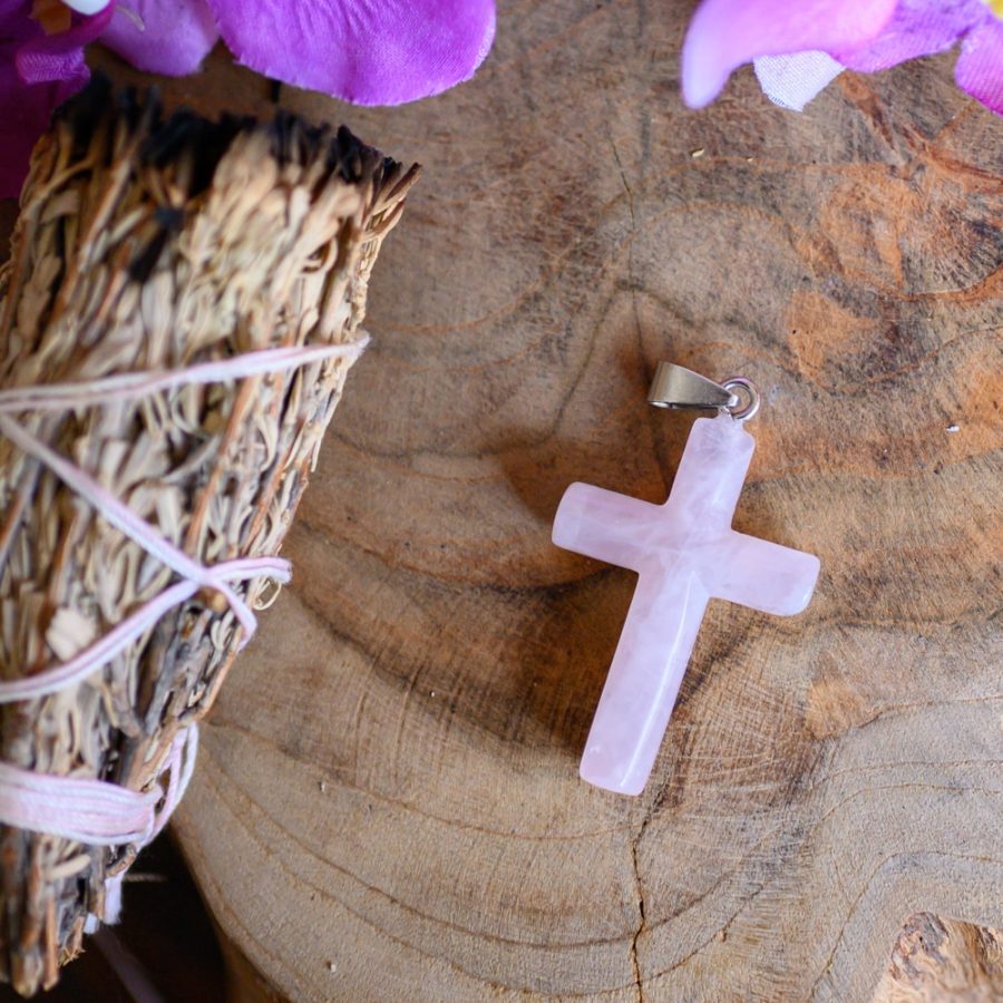 rose quartz cross pendant and white sage smudge