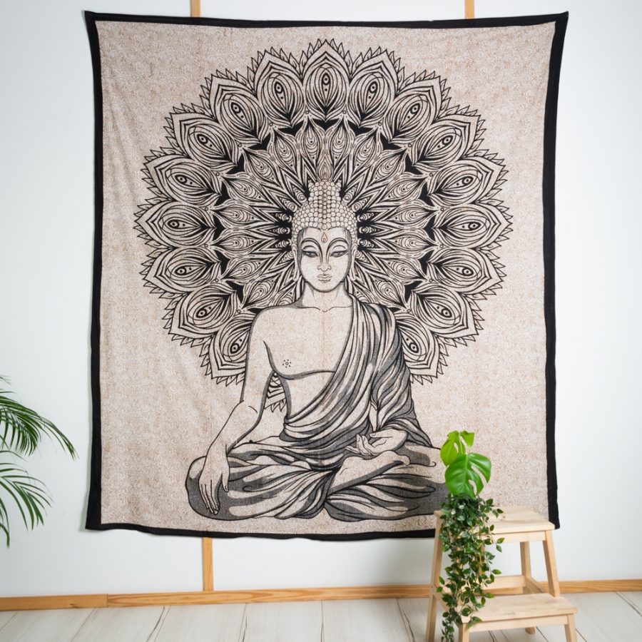buddha wall tapestry beige and black mandala