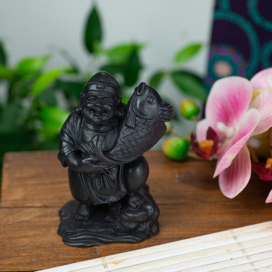 happy buddha statue sacred fish black resin 