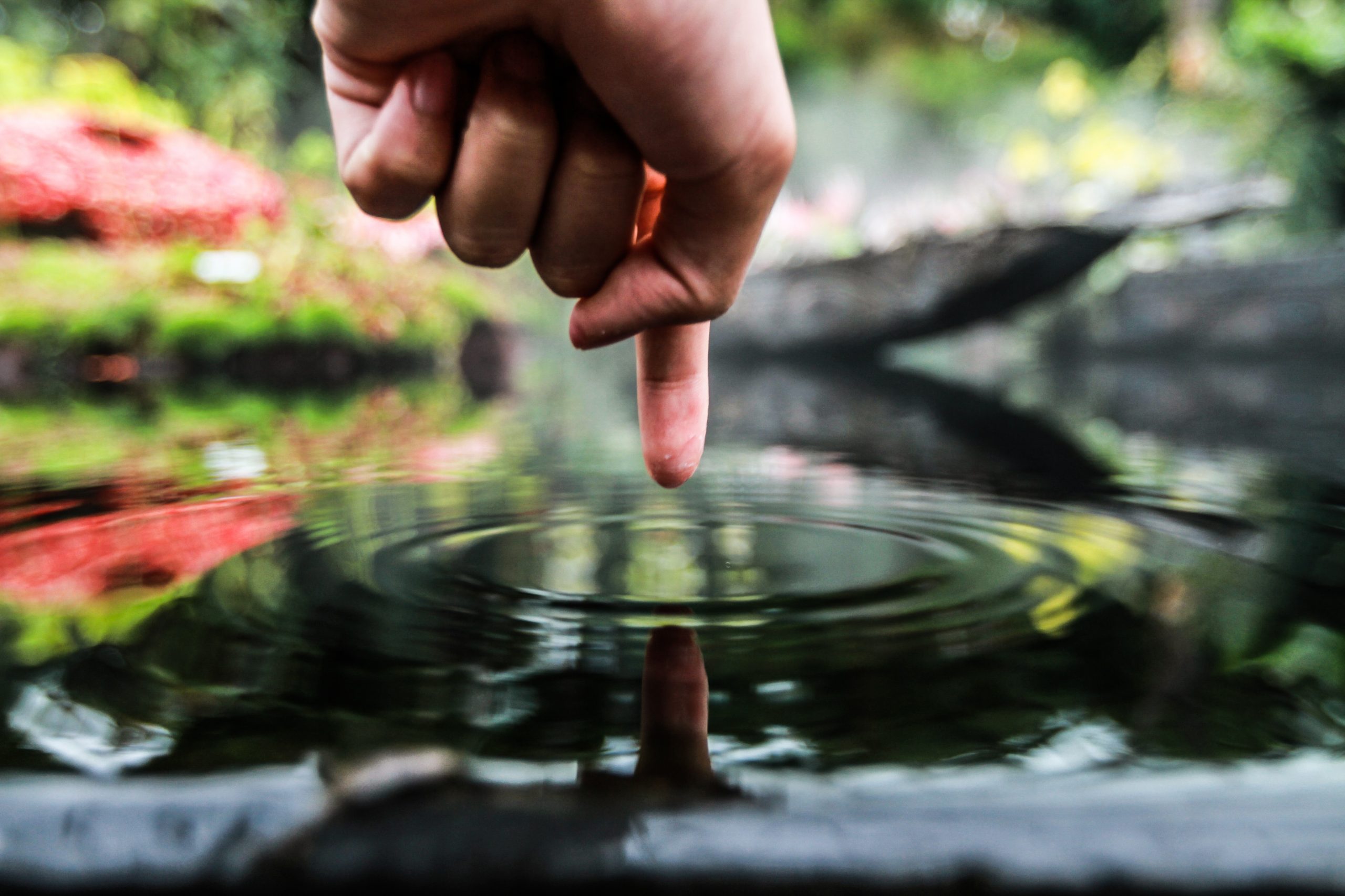 hand creating ripples in pond water