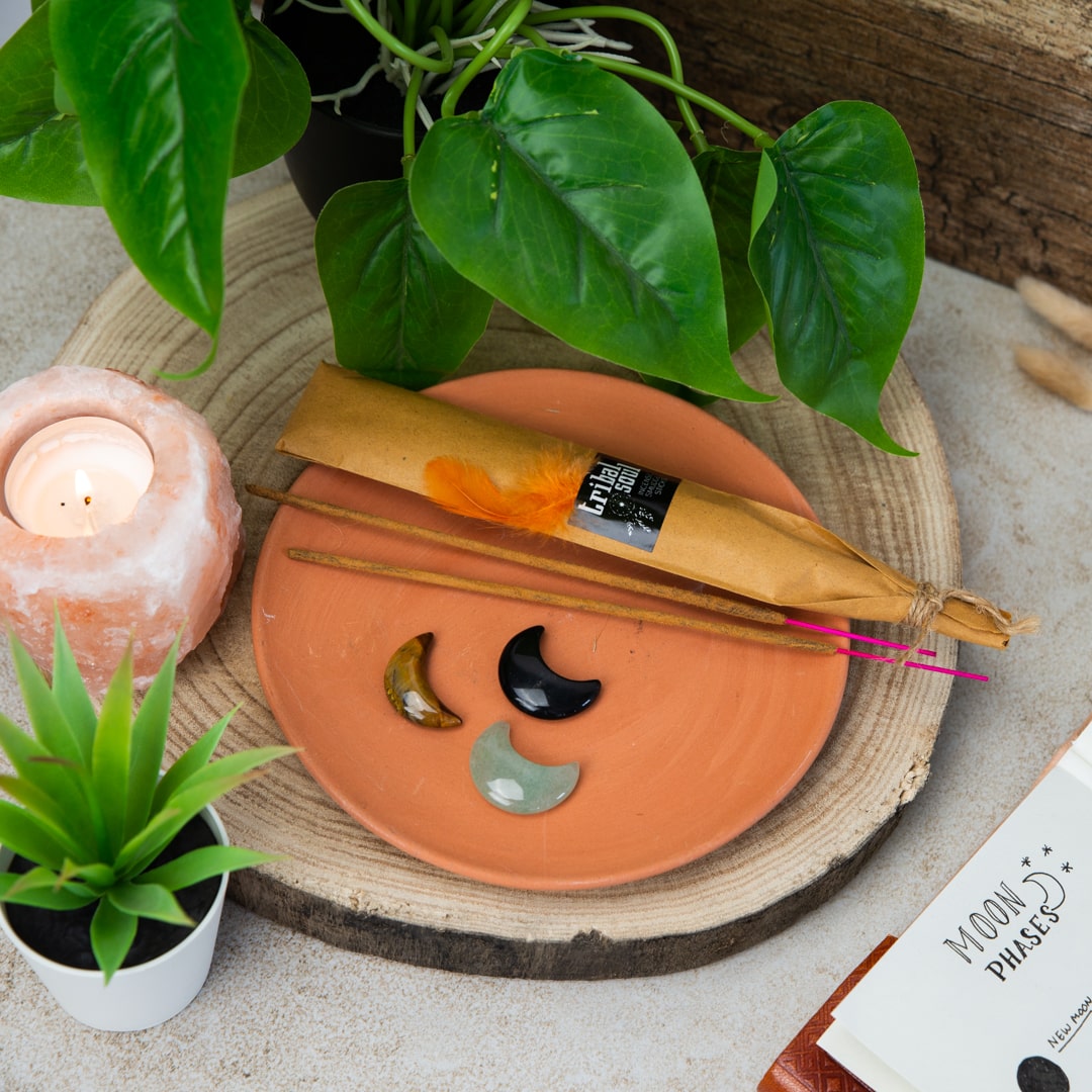 tribal soul incense, gemstone moons, and Himalayan salt tealight holder lamp
