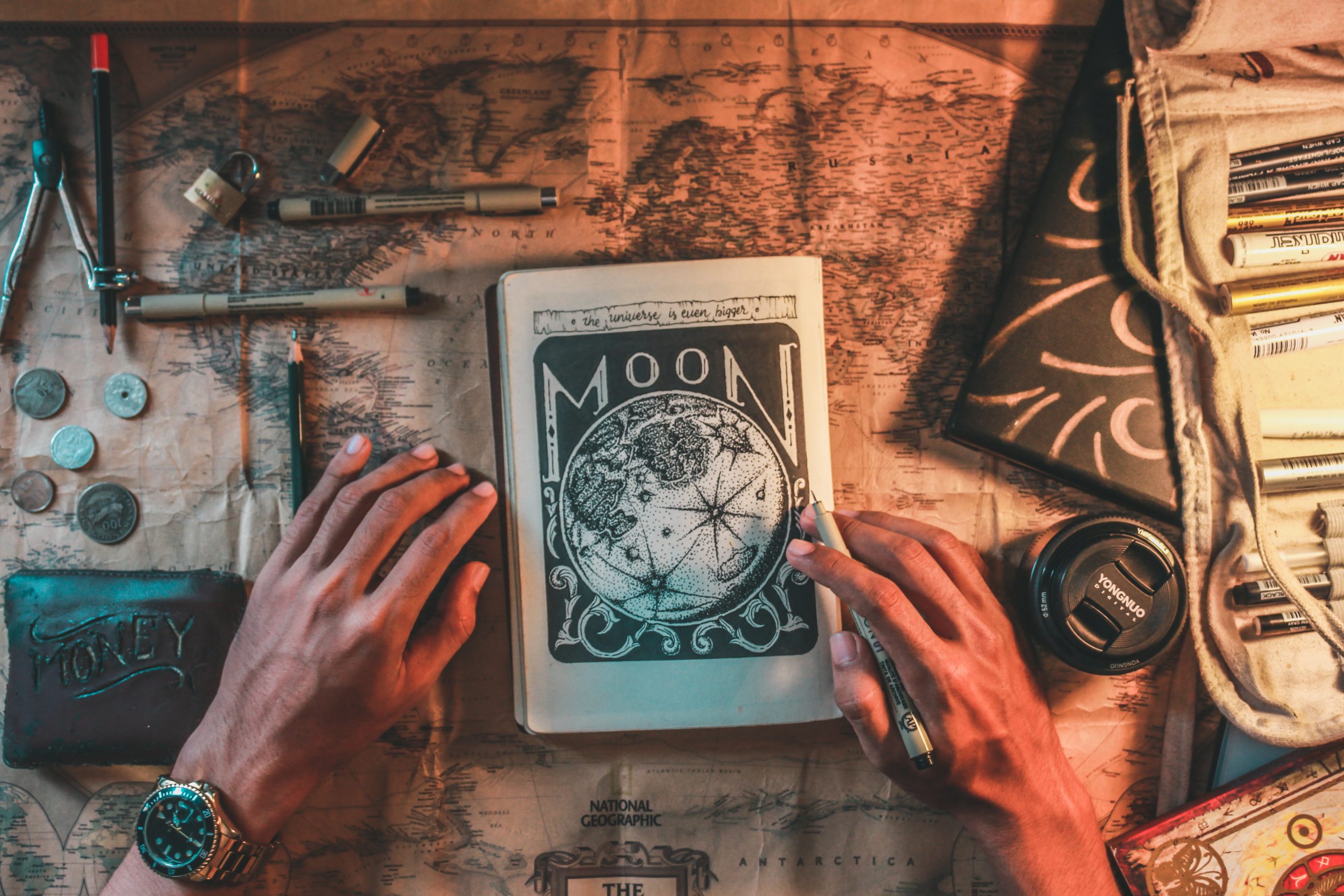 hand drawn tarot moon waxing on world map