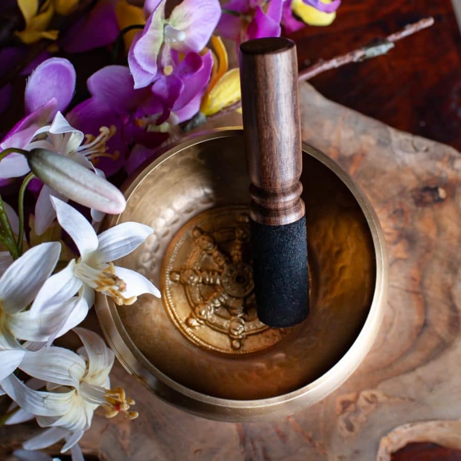 buddhist singing bowl dharma wheel with mallet 