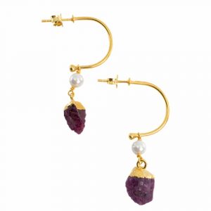 Gemstone Earrings Pearl and Ruby (tinted) 925 Silver Gold Colored (45 mm)