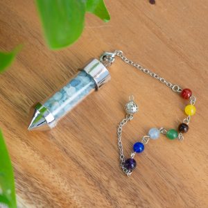 Pendulum Aquamarine Gemstone Capsule with 7 Chakra Beads Chain