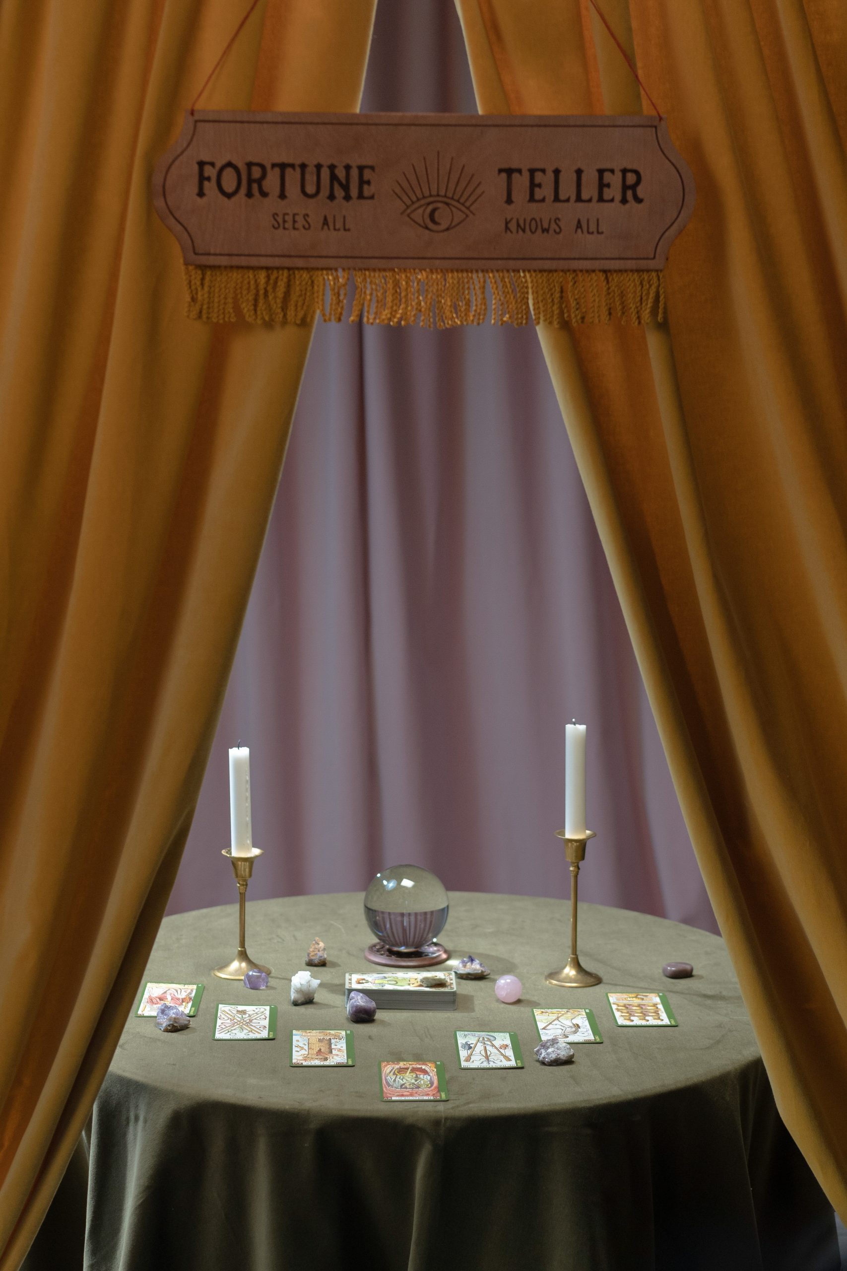 fortune teller table crystal ball tarot cards candles crystals