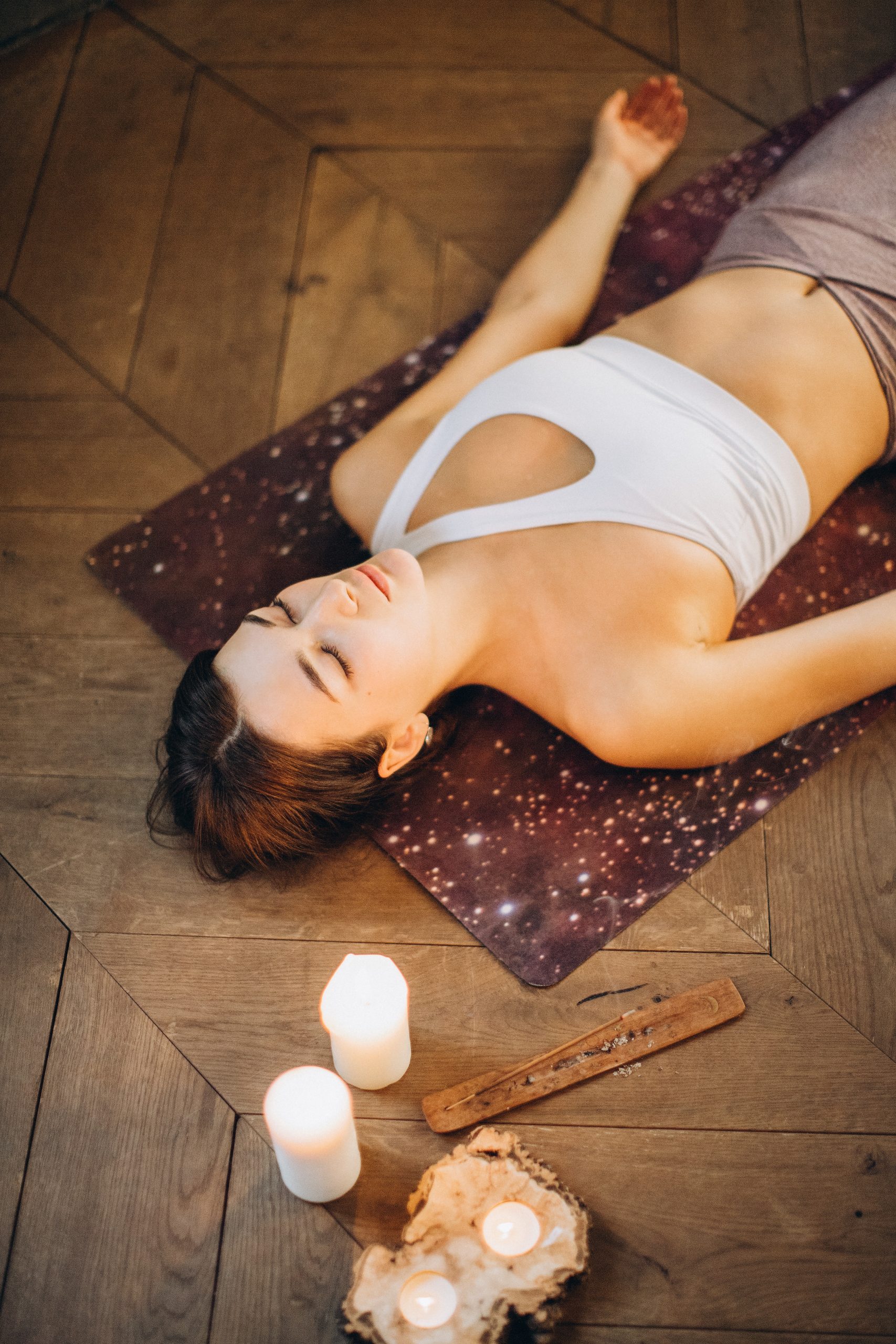 yoga nidra galaxy purple yoga mat candles