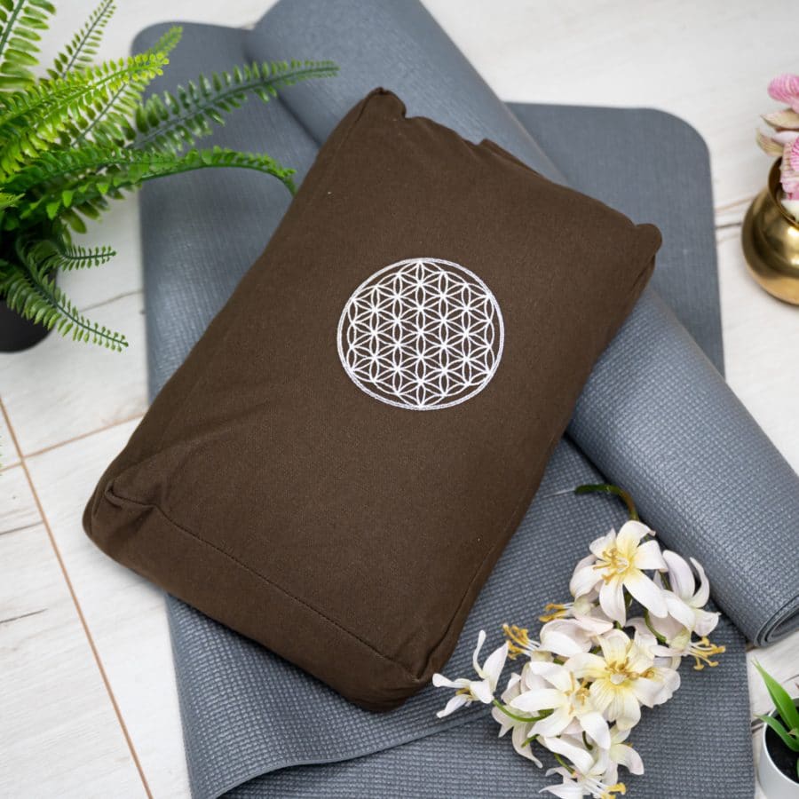 spiru rectangle brown yoga bolster flower of life on yoga mat gray