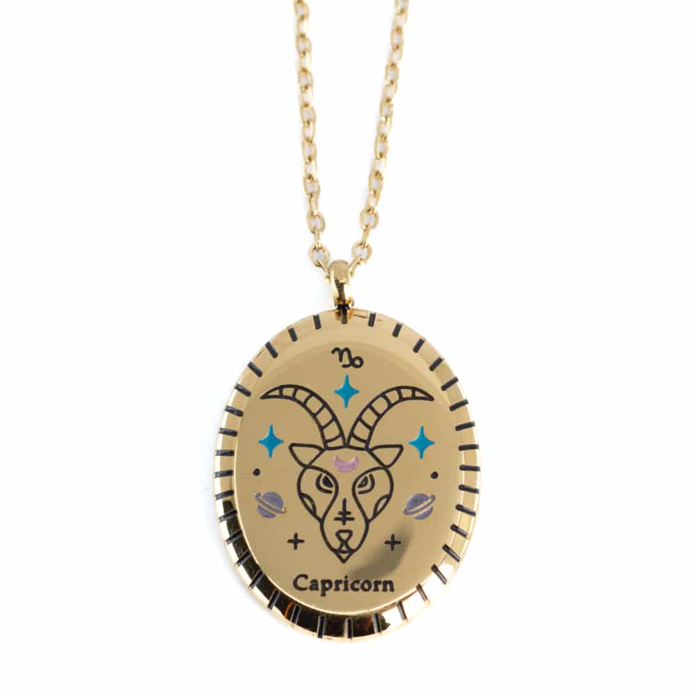 Stainless Steel Horoscope Pendant Capricorn Gold Colored Oval - 20 mm