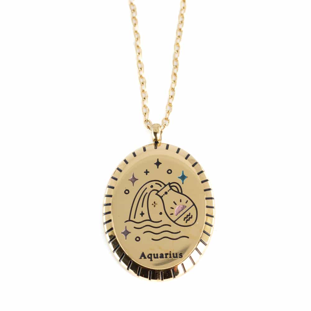 Stainless Steel Horoscope Pendant Aquarius Gold Colored Oval - 20 mm