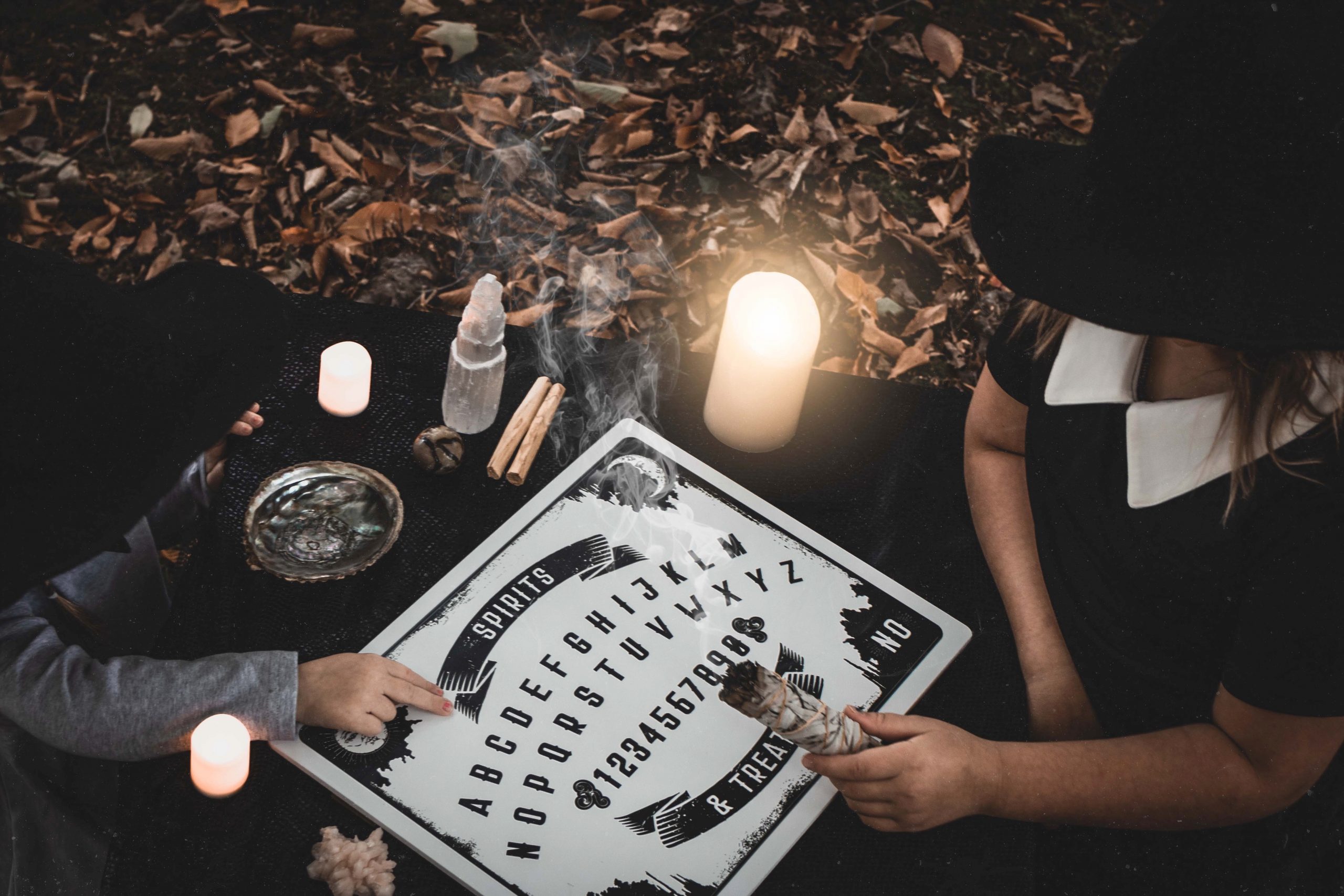 white ouija board spiritboard selenite white sage smudge candles