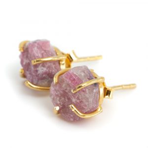 Gemstone Stud Earrings Raw Pink Tourmaline - 925 Silver- Gold Plated