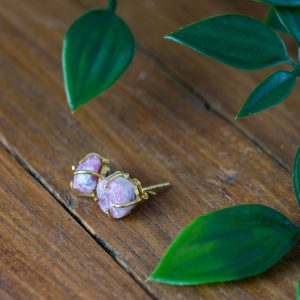 Gemstone Stud Earrings Raw Pink Tourmaline - 925 Silver- Gold Plated