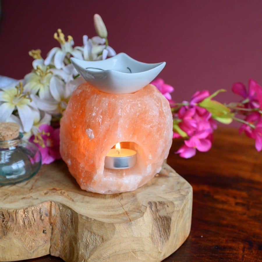 Himalayan salt lamp essential oil burner tea light on wood ceramic dish