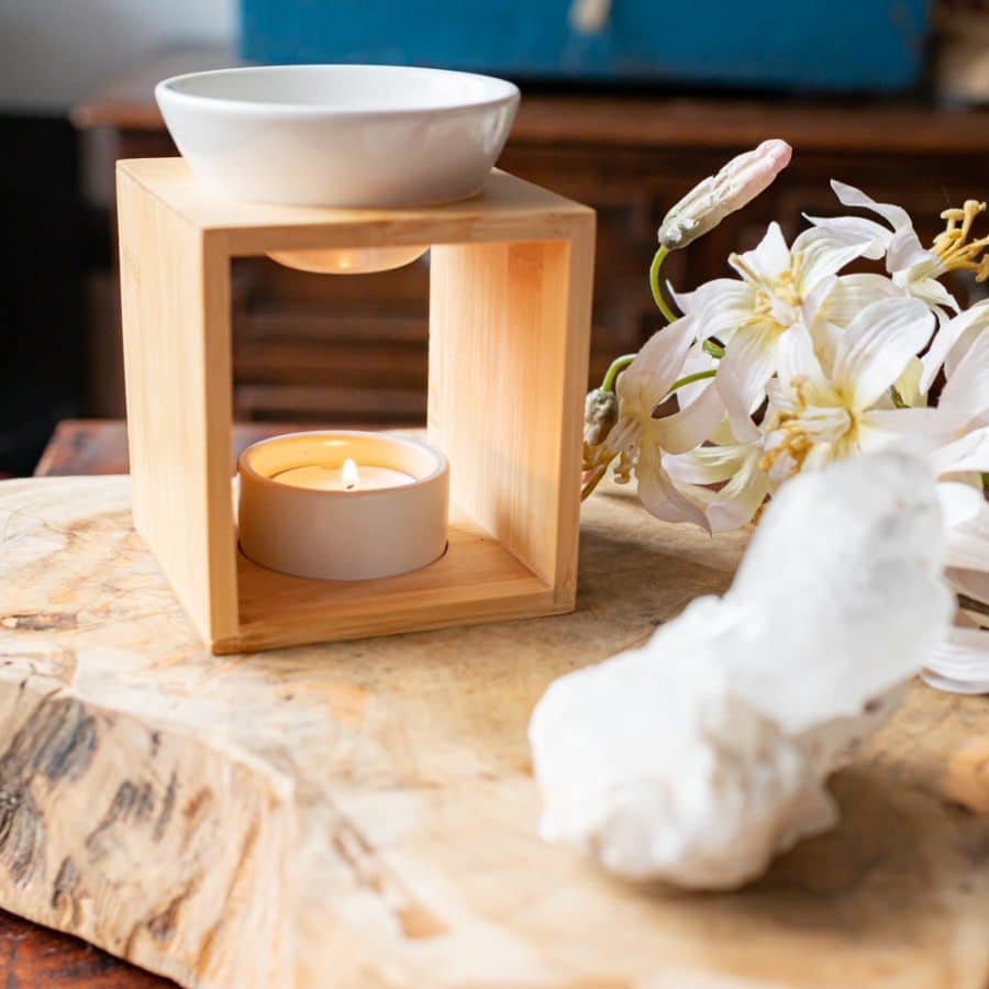 wood and ciramic essential oil burner aroma diffuser with tea light rock crystal