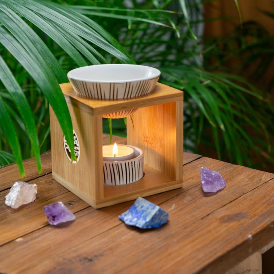 oil diffuser with tea candle and crystals
