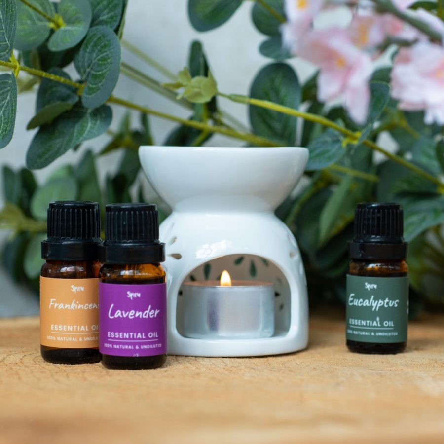 essential oil ceramic burner tea light three bottles essential oil frankincense lavender eucalyptus