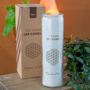Fair Trade Flower of Life Stearin Candle in Glass - White (100 Hour Burning Time)