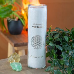 Fair Trade Flower of Life Stearin Candle in Glass - White (100 Hour Burning Time)
