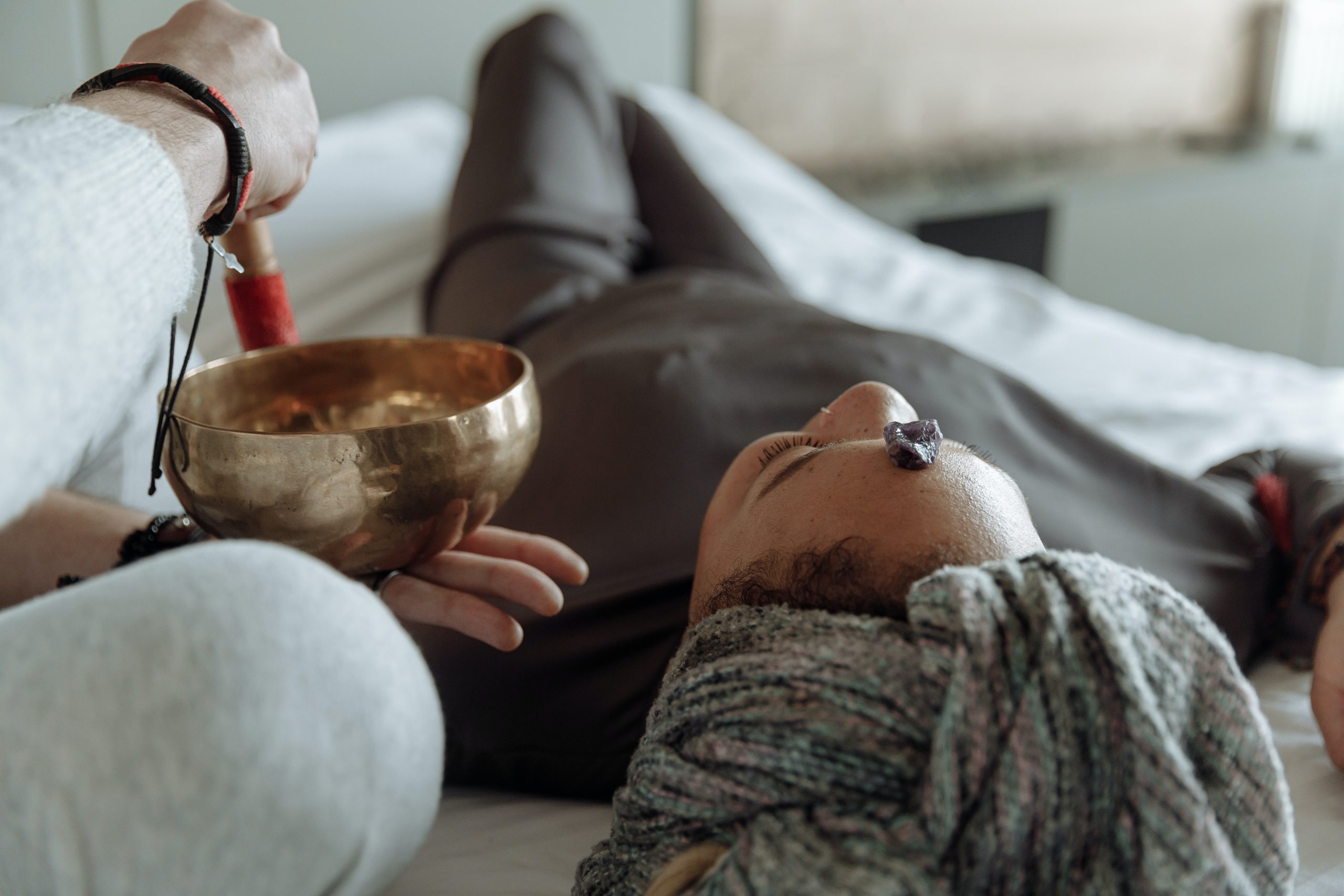 gemstone meditation with singing bowl