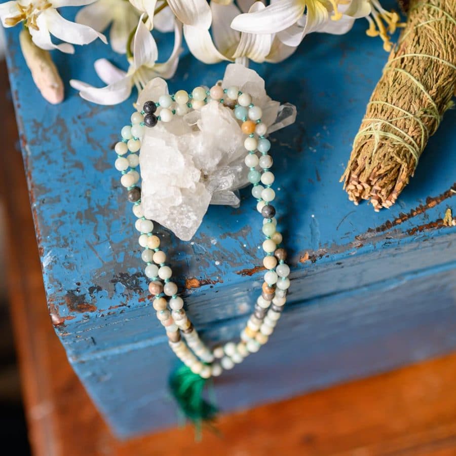 mala amazonite with rock crystal and smudge