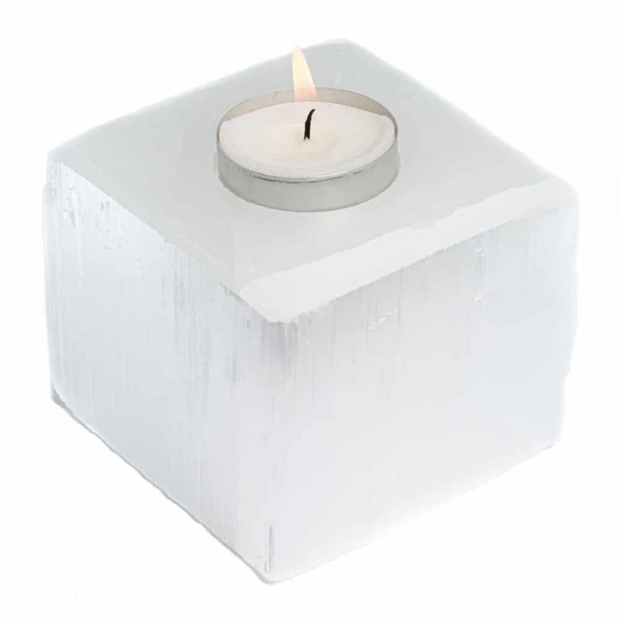 Tea-light Holder Gemstone Selenite Cube approx 1100 grams (8 x 8 cm)