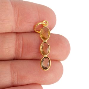Gemstone Pendant Citrine 3 Stones - 925 Silver & Gold Plated - 20 x 4 mm