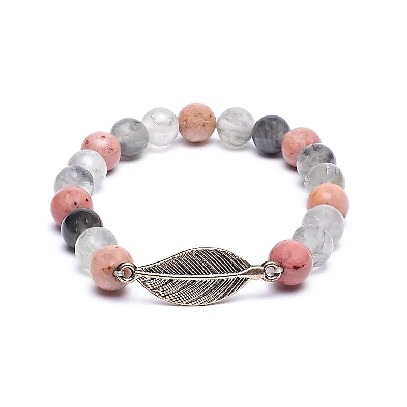Elastic Mala Bracelet with Rhodonite, Gray Quartz, and Feather