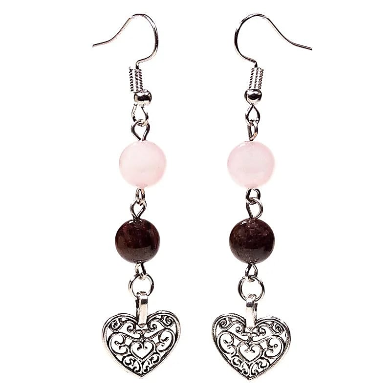 Garnet and Rose Quartz Earrings with Heart of Zinc Alloy