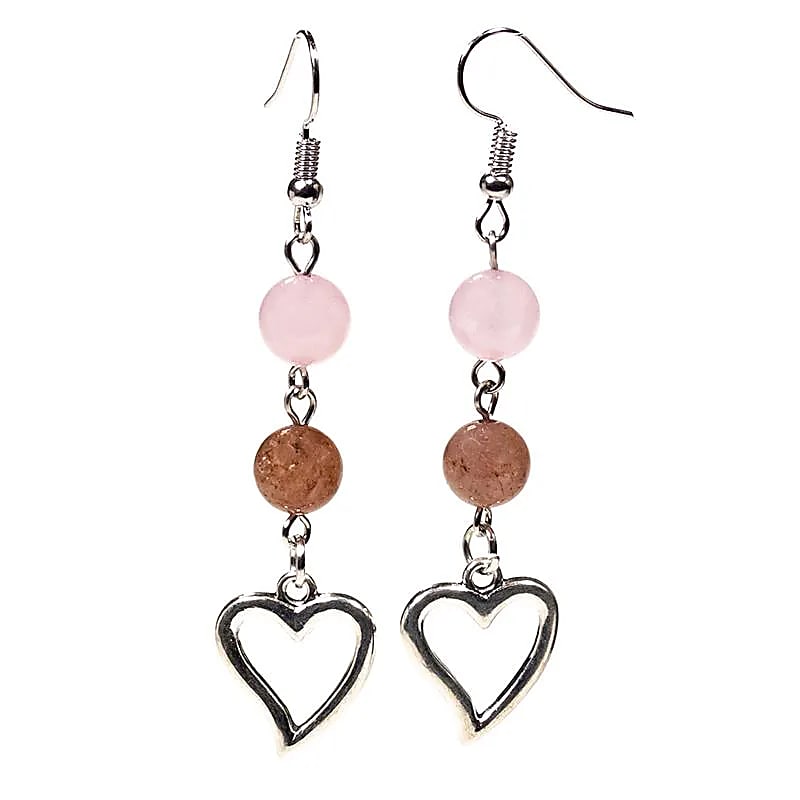 Rose Quartz and Strawberry Quartz Earrings with Heart, Iron, 6.5cm