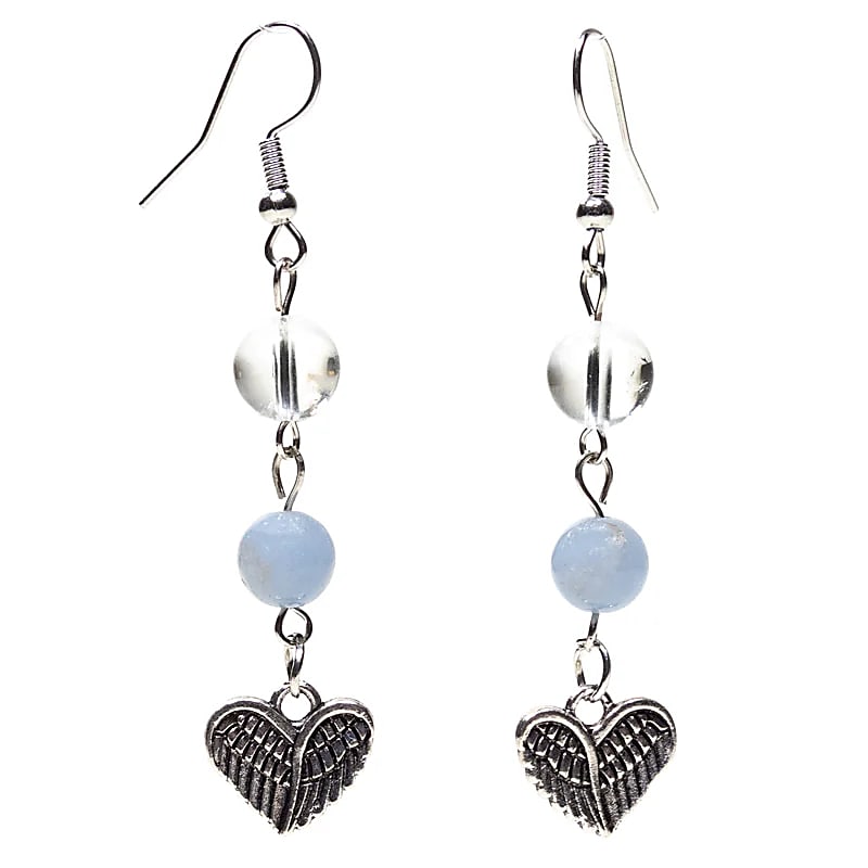 Angelite and Rock Crystal Earrings with Heart-Shaped Angel Wings
