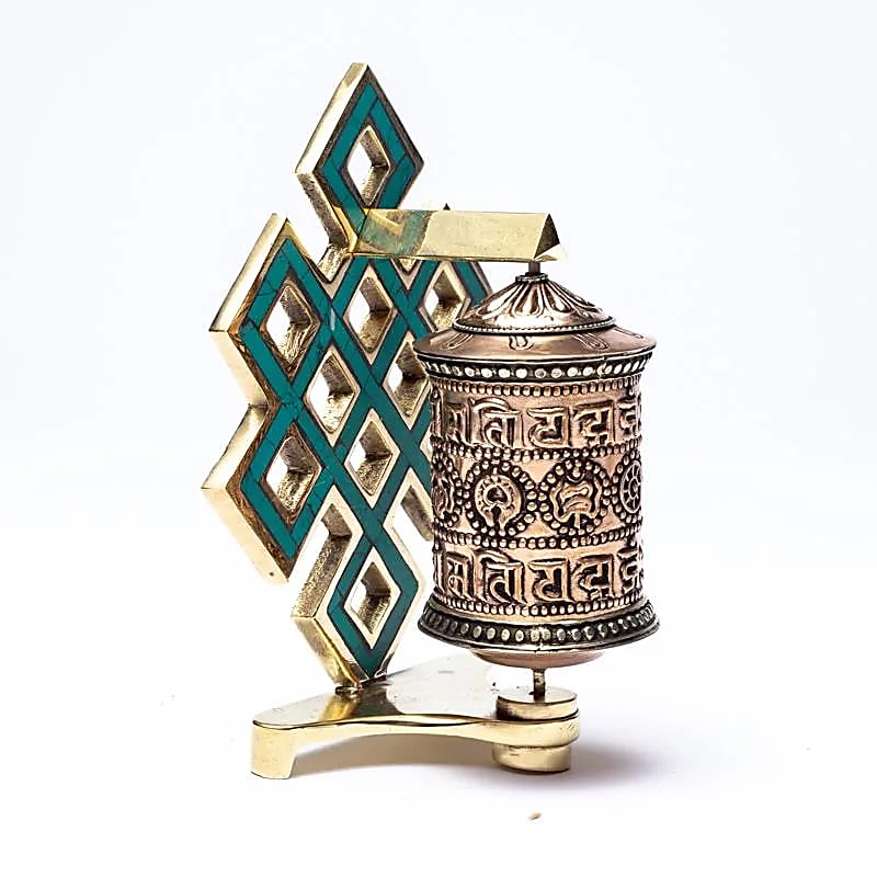 Copper Prayer Wheel with Endless Knot and OMPMH Mantra