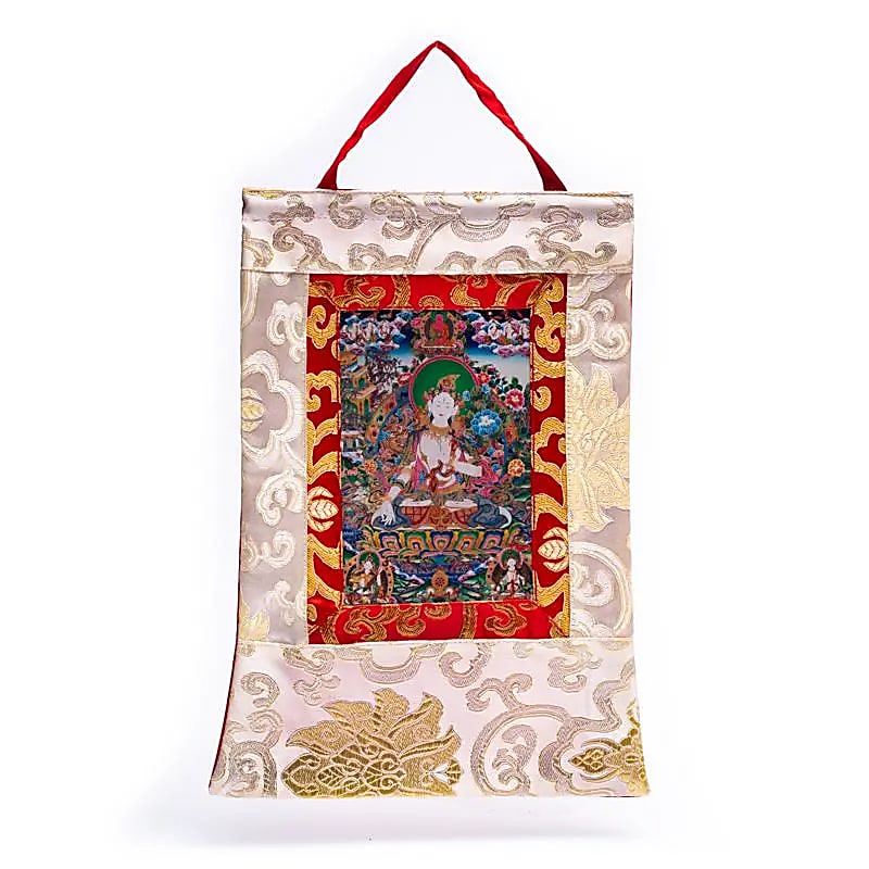 White Tara Thangka Print with Brocade Framing from Nepal