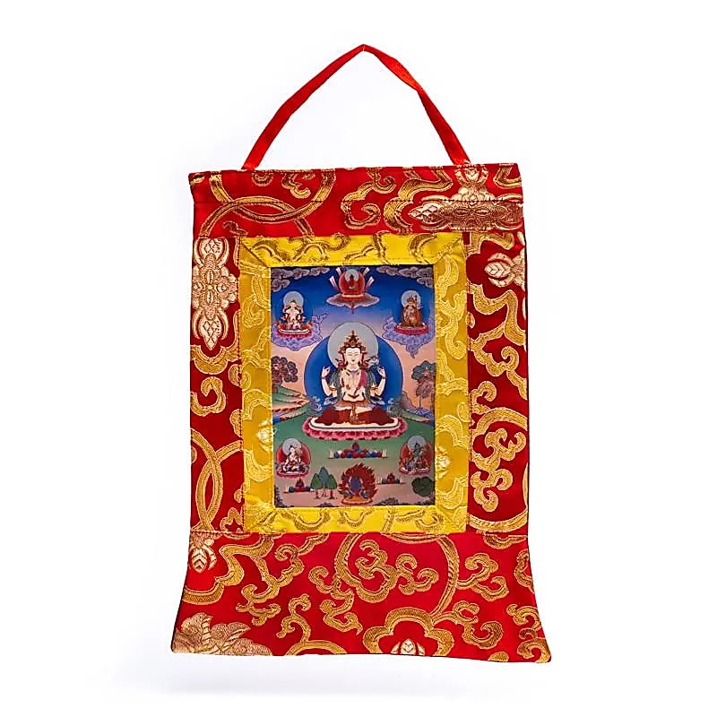 Chenrezig Thangka Print on Brocade from Nepal