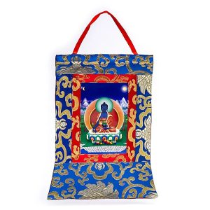 Medicine Buddha Thangka Print in Brocade from Nepal